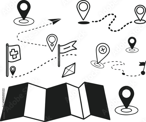 Map Icons with Location Markers and Routes