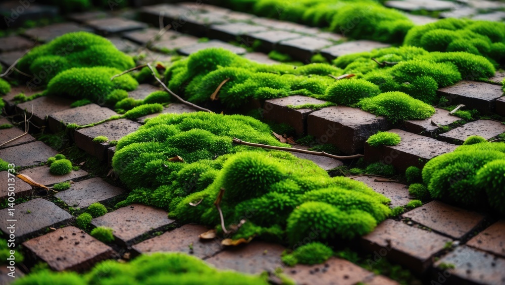 Bricks covered in moss set against a textured floor. Bricks covered in moss set against a textured floor.