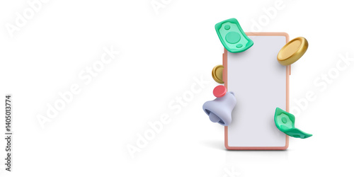 Finance Notification On Mobile Phone With Bell Icon, Cash, And Coins. Online Banking, Budget Alert, Or Digital Wallet Reminder Concept In 3D Cartoon Style. Vector Illustration.