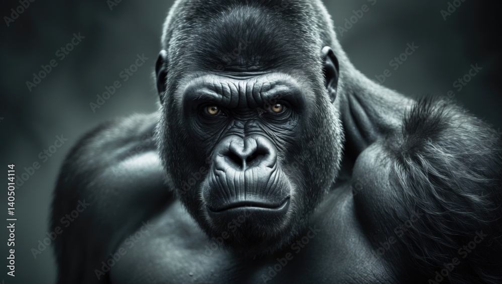 Monochrome photograph of a stern male. A dominant male gorilla looks on proudly and seriously. Monochrome photograph of a stern male. A dominant male gorilla looks on proudly and seriously.