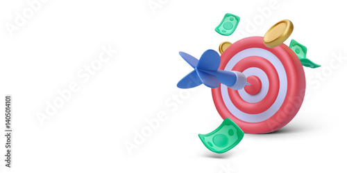 Target With Arrow Hitting Bullseye Surrounded By Flying Coins And Cash. Business Success, Marketing Strategy, And Financial Goal Concept In 3D Cartoon Style. Vector Illustration.