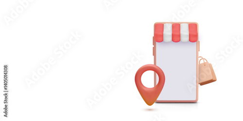 Online Shopping On Mobile With Location Pin And Storefront Awning. E-Commerce, Delivery, Or Local Business Concept In Cute 3D Cartoon Style. Vector Illustration.