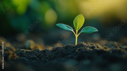 Small Green Seedling Emerging from Dark Soil in Warm Sunlight