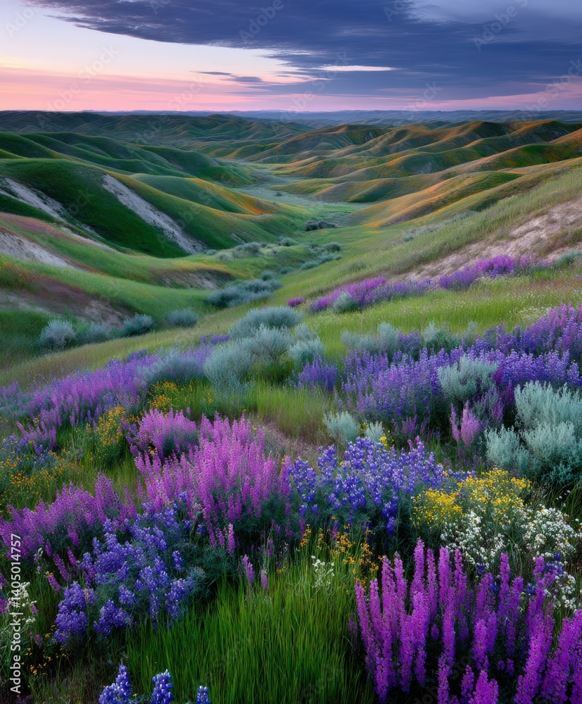 Fototapeta premium Vibrant wildflowers bloom across tranquil rolling hills