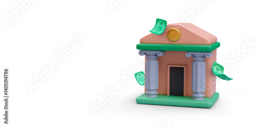 Bank Building With Flying Money Representing Finance, Investment, Banking, And Cash Flow In Fun 3D Cartoon Style. Ideal For Apps, Websites, And Marketing. Vector Illustration.