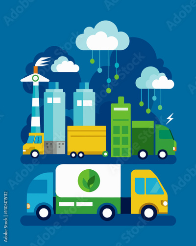 A transportation company makes the switch to electric or hybrid vehicles for their fleet reducing emissions and air pollution in the supply chain.. Vector illustration