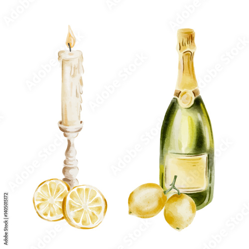 Vector watercolour candle stick with lemons and the champagne bottle with the lemons. Wedding decorative elements, summer time decor