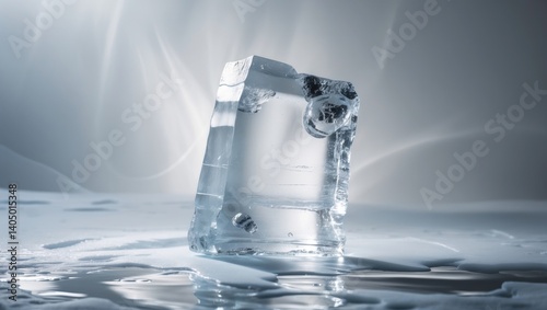 Translucent natural rough ice block on a glossy white surface.