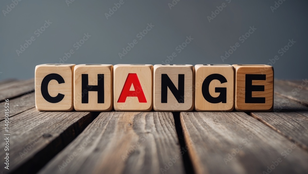 Wooden cube featuring the term change in place of chance on a wooden table. Concept of motivation, reaching goals, potential, incentives, and overcoming challenges.