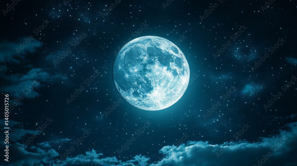 Fototapeta premium Full Blue Moon and Starry Night Sky with Clouds