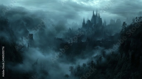 Dark Gothic Castle in Foggy Mountains