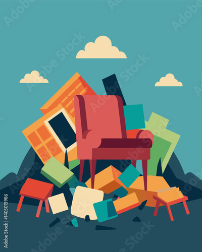 The landfill excavation revealed piles of discarded furniture much of it still in decent condition. It was quickly salvaged and taken to a nearby repurposing center.. Vector illustration