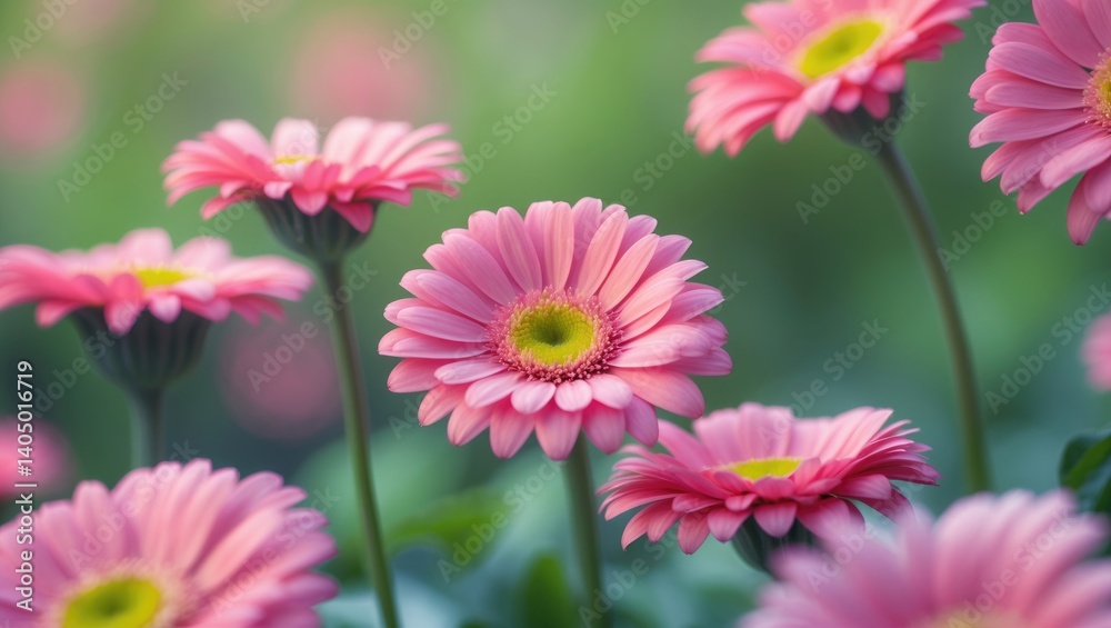 Detailed view of radiant pink gerbera daisies in the garden, flowering plants showcasing vivid blooms photographed in selective focus with a hazy backdrop and open space Detailed view of radiant pink gerbera daisies in the garden, flowering plants showcasing vivid blooms photographed in selective focus with a hazy backdrop and open space