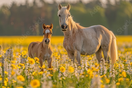 beautiful red horses in the meadow on a sunny bright day