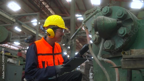 Professional asian man engineer and technician wearing safety helmet analyzing meeting with tablet in factory warehouse. Confident factory workers group inspection industry factory. Teamwork concept