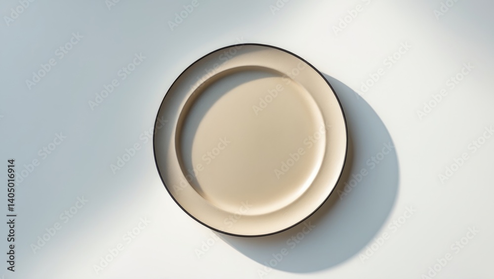 Isolated top view of an empty round stoneware plate in beige, with clipping path Isolated top view of an empty round stoneware plate in beige, with clipping path
