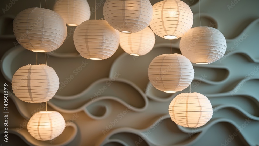 Fototapeta premium Modern interior featuring beige paper lamps