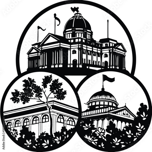 Black and White Vector Illustration of State Capitol Buildings in Circular Design | Government Architecture Graphic Art