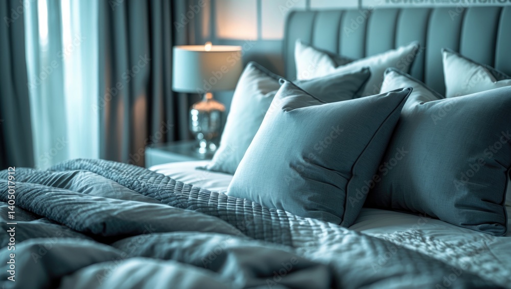 Interior of a bedroom featuring pillows on the bed and a decorative table lamp