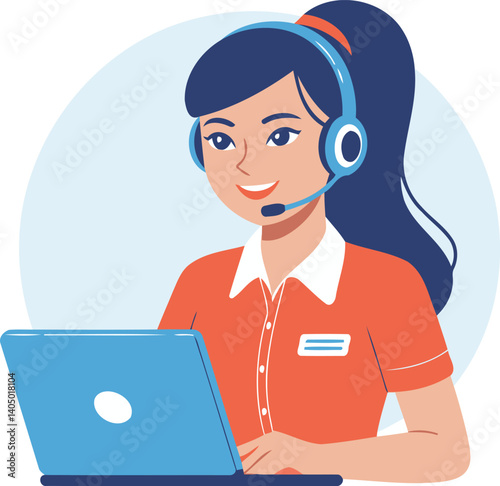 Smiling customer service representative working on a laptop flat style vector art