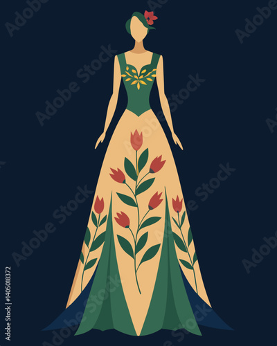 The handpainted details and intricate embroidery on the sustainable evening gown demonstrated the beauty of slow fashion and the importance of supporting ethical sustainable. Vector illustration