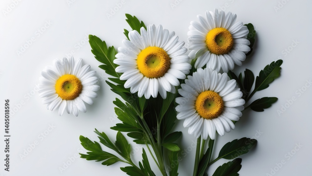 Obraz premium Lovely white Daisy separated from the background. Detailed view of Chamomile featuring green leaves.