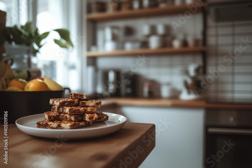 Stacked granola bars on a kitchen counter. photo