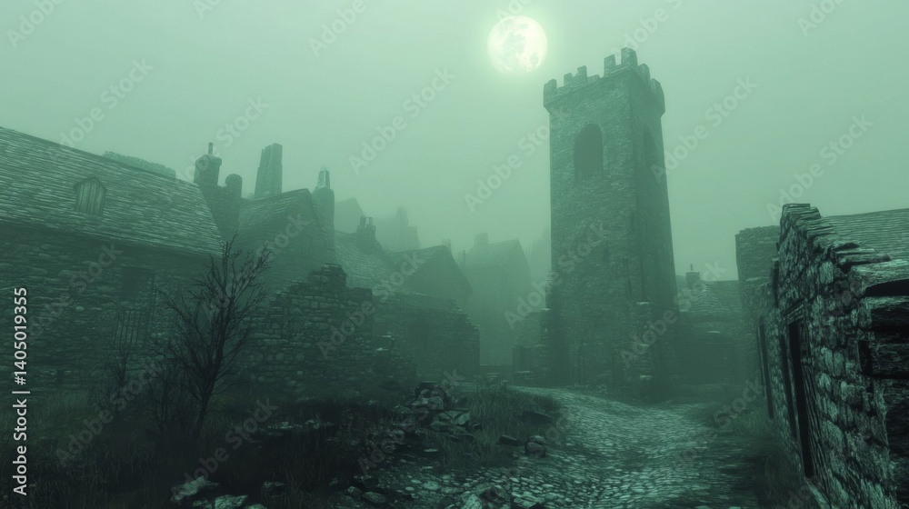 Eerie Green Fog Envelops Ancient Stone Ruins at Night Eerie Green Fog Envelops Ancient Stone Ruins at Night