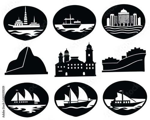 Black and White Silhouette Icons of Ships, Buildings, and Landmarks: Vector Art for Travel, Maritime, and Architecture Themes