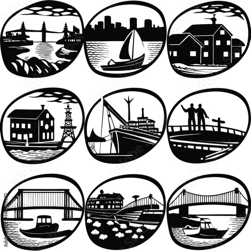 Black and White Vector Art: Nautical Scenes of Bridges, Boats, and Coastal Buildings in Oval Frames, Graphic Design Illustration