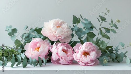 Charming pink peonies and eucalyptus leaves on a white table offering space for text