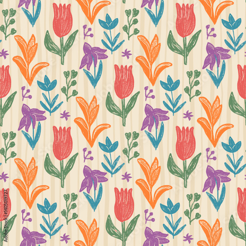 Flowers crayon seamless pattern. Block print floral stencil allover background. Pencil drawn repeat cover. Surface pattern design spring motif. Vector hand drawn monochrome illustration.