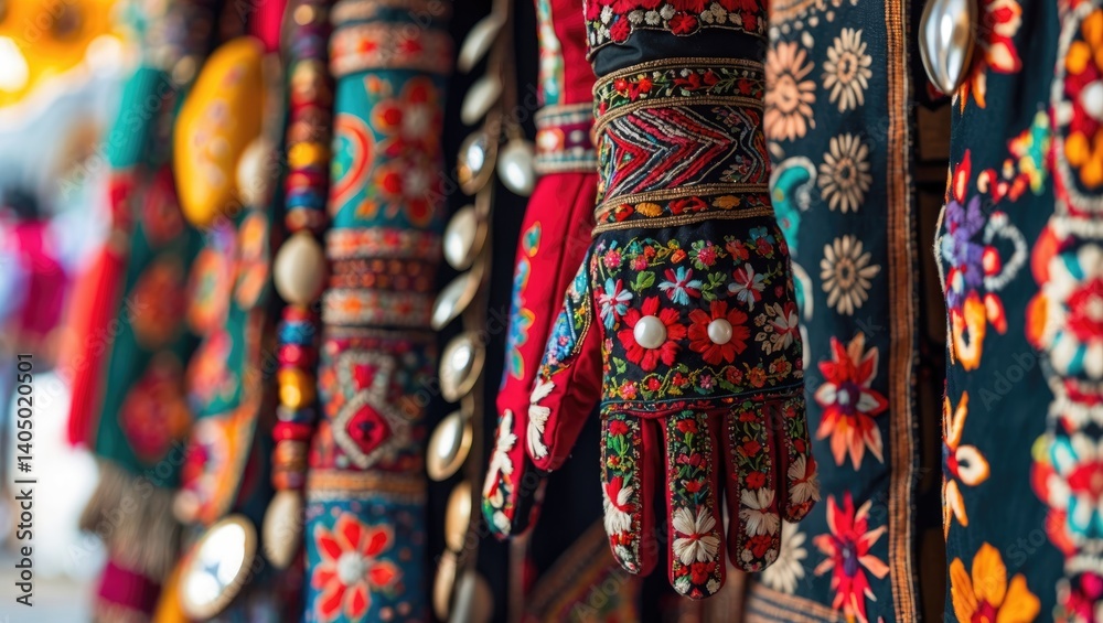 Intimate close-up of camel and elephant handicrafts with a selective focus. Multi-colored ethnic belts with mirror and shell accents in the market. Intimate close-up of camel and elephant handicrafts with a selective focus. Multi-colored ethnic belts with mirror and shell accents in the market.