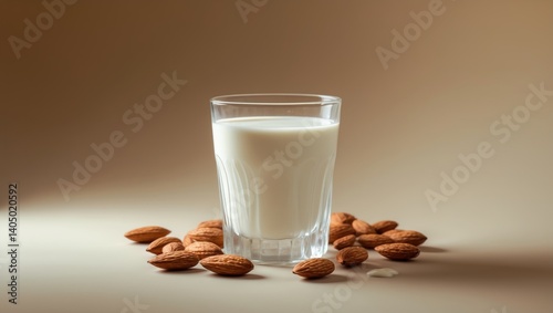 Glass of fresh almond milk surrounded by almonds. Close-up shot. Room for text. Healthy milk substitute.
