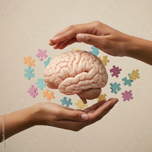 Hands holding brain puzzle  – autism, dementia, epilepsy, alzheimer awareness, World Mental Health Day campaign image