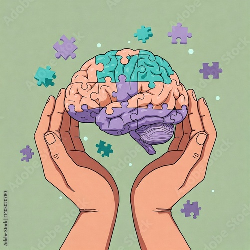 Hands holding brain with puzzle – autism, dementia, epilepsy, alzheimer awareness wallpaper background