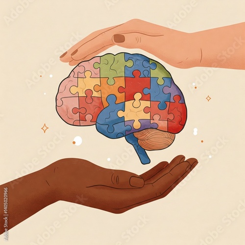 Hands holding brain puzzle therapy session metaphor – autism, dementia, epilepsy, alzheimer awareness, World Mental Health Day campaign image
