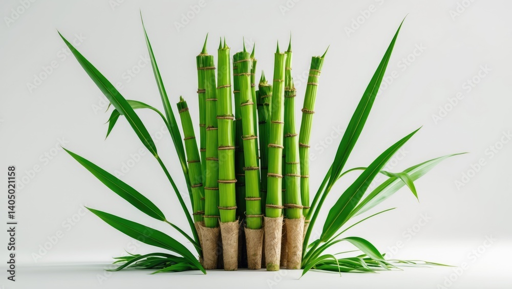 Obraz premium Fresh sugar cane with foliage isolated on a white backdrop.