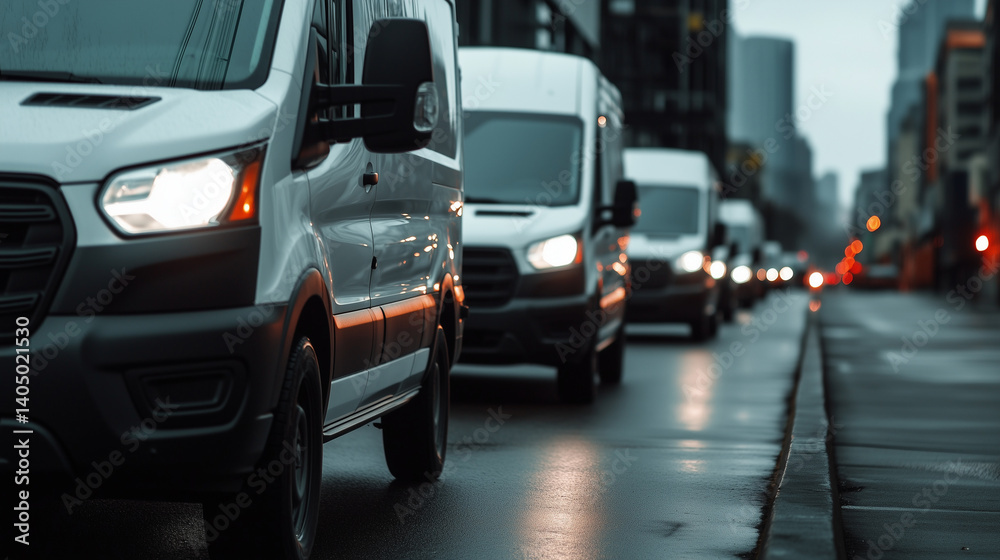 Side view of identical white vans lined along industrial city street with warehouse background. Perfect for service and freight branding. Side view of identical white vans lined along industrial city street with warehouse background. Perfect for service and freight branding.