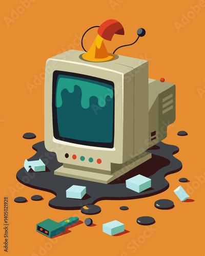 An old CRT monitor being disassembled and its glass components being melted down for reuse.. Vector illustration