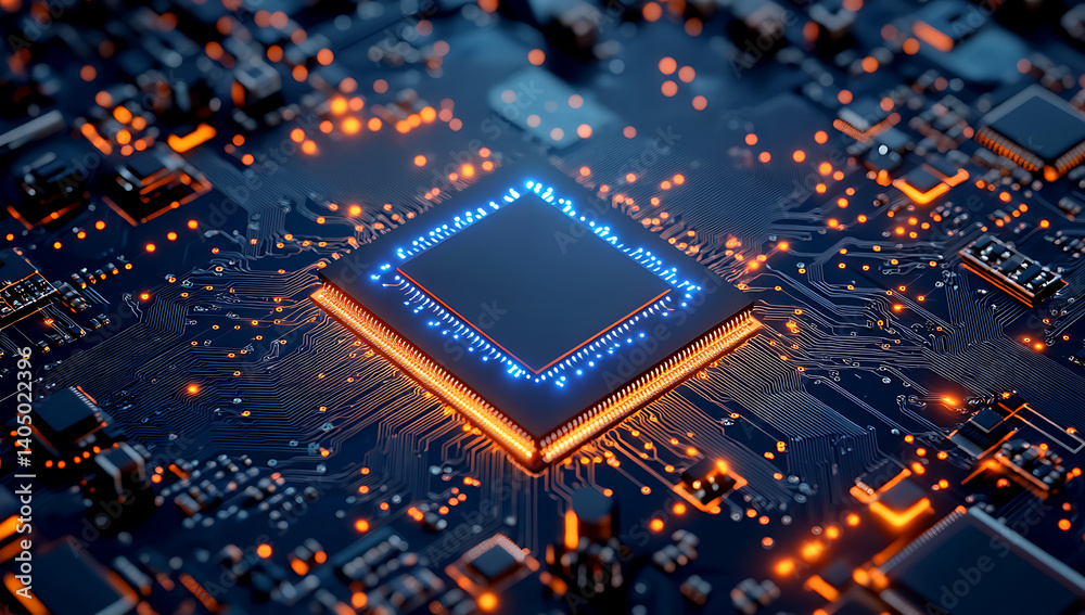 Close-up of a dark circuit board with glowing components and processor Close-up of a dark circuit board with glowing components and processor