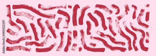 Acrylic dry paint wavy brush stroke lines. Hand drawn vector retro uneven shapes. Paintbrush vintage linear scribble girly elements background. Thick abstract grunge curved strips..