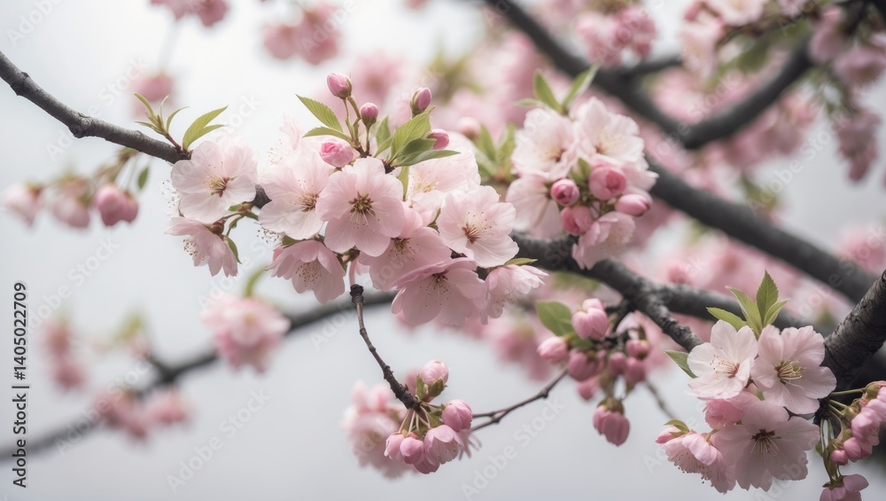 Cherry blossoms in bloom on tree branches against a white backdrop. Cherry blossoms in bloom on tree branches against a white backdrop.