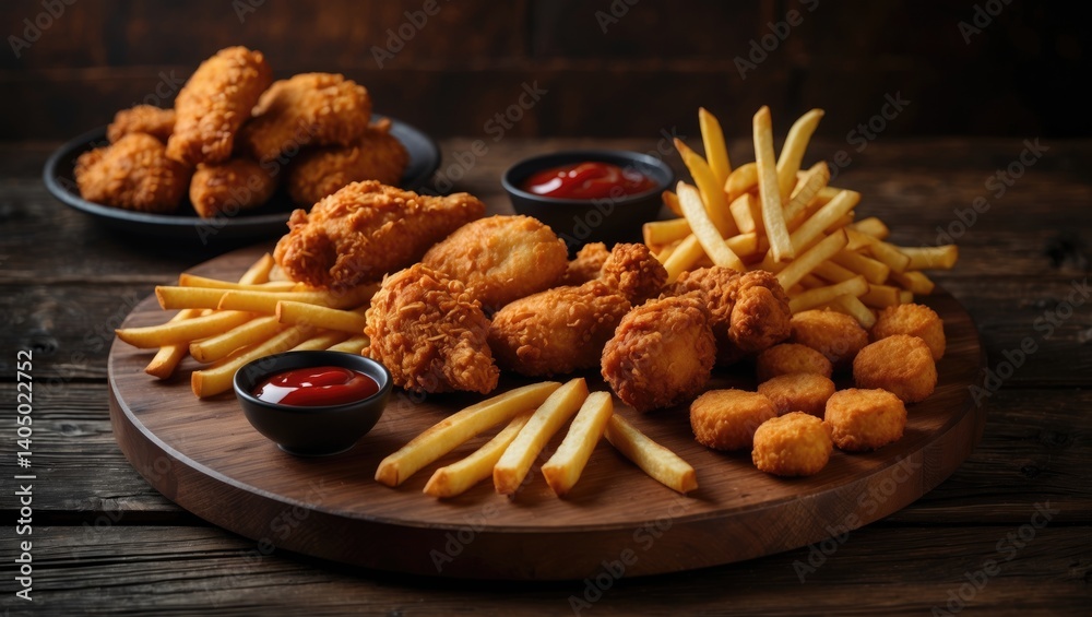 Fototapeta premium Fried chicken, french fries, and nuggets combo - unhealthy junk food