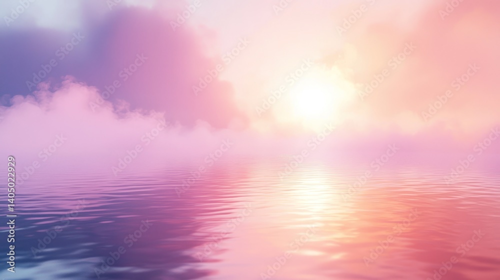 Obraz premium Serene Sunset over Calm Waters: A Dreamlike Pink and Purple Panorama
