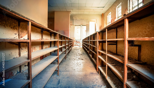 abandoned school shelves, dirty and old shelves in an abandoned school, with sunlight streaming through a window, dirty old shelves, Dirty and old shelves of an abandon school