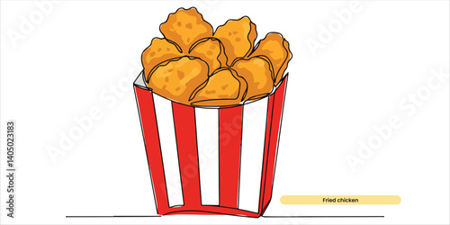 Fried chicken nuggets in red white box continuous single line art drawing sketch on white background