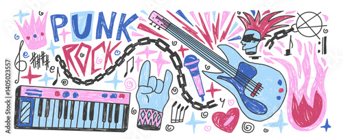 Punk rock music party crayon drawn set. Rock n roll festival doodle background. Scribble grunge music concert flyer elements. Guitar, electronic piano horns, mic graffiti art. Vector illustration.