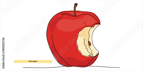 Red apple around full side bites continuous single line art drawing sketch on white background