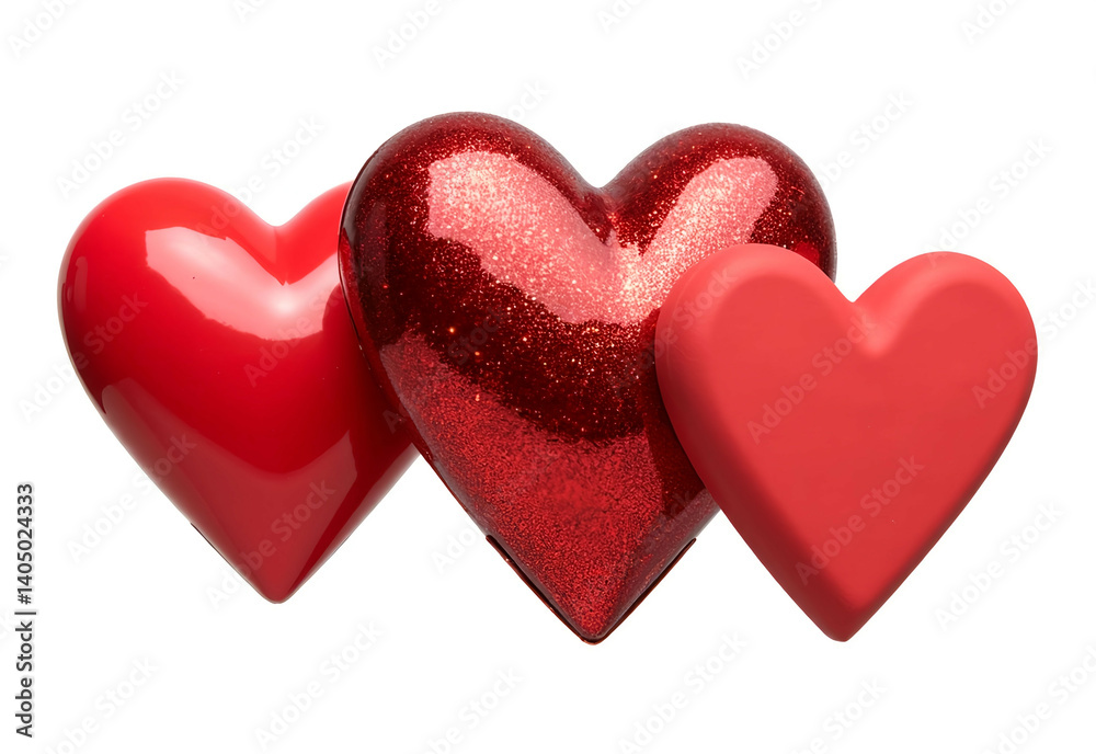 Fototapeta premium Three Red Hearts Different Texture Smooth Glossy, One Sparkly One Matte One white Background